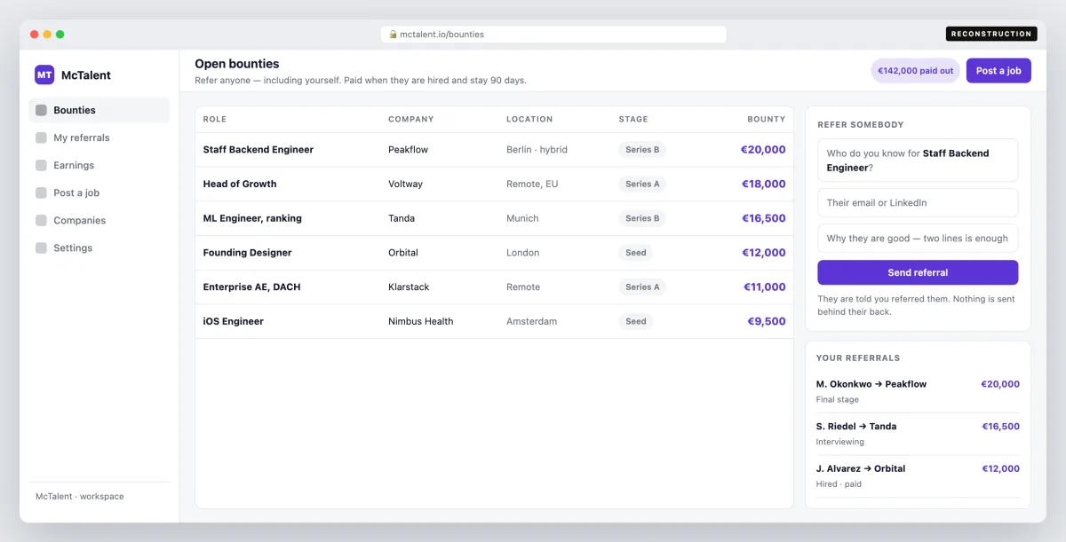 McTalent — The bounty board, and referring somebody for a €20,000 bounty