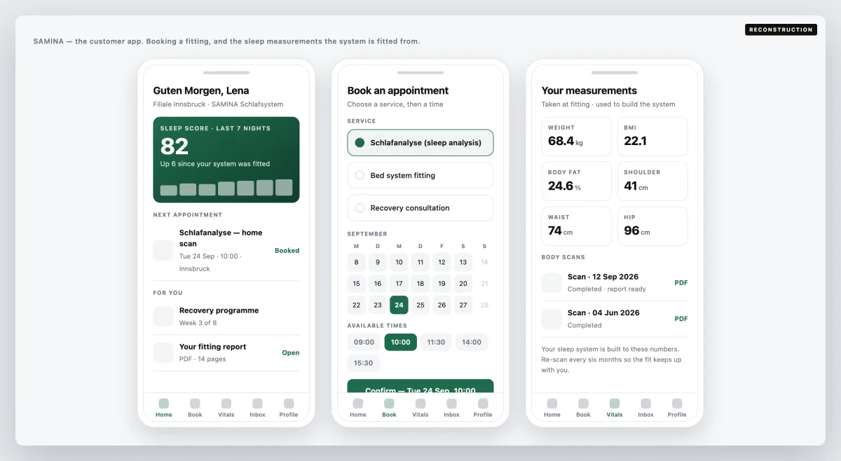 Samina — The customer app: booking a fitting, and the sleep measurements the system is built from